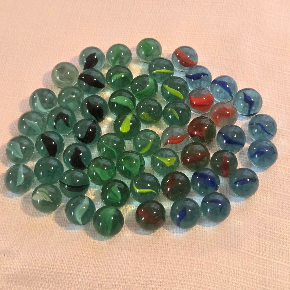 Vintage Glass Cat Eye Marbles Bulk Lot Mixed Colors Green Blue Red Black 54pcs